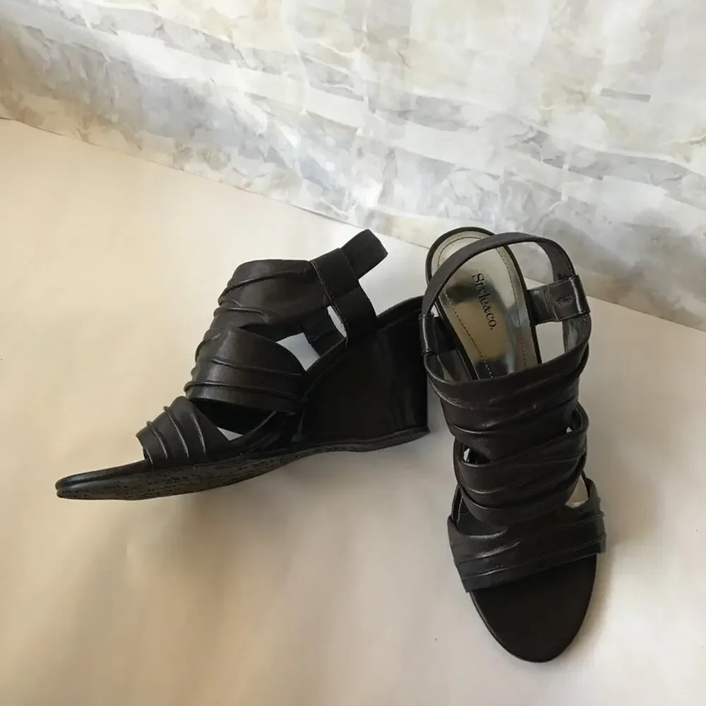 A8). Style & Co. Open Toes Wedges Dark Chocolate 5.5M